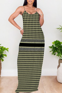 Green Sexy Plaid Floral Print Contrast V Neck Printed Dresses