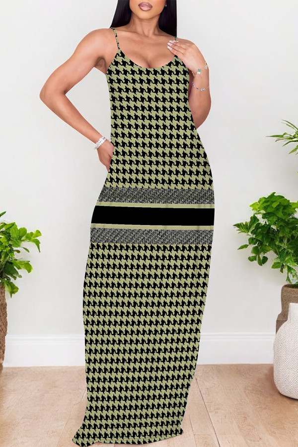 Green Sexy Plaid Floral Print Contrast V Neck Printed Dresses