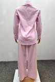 Pink Casual Solid Color Buckle Patchwork Turndown Collar Long Sleeve Two Pieces