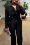 White Casual Solid Color Draw String Pocket Patchwork Turndown Collar Long Sleeve Two Pieces
