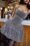 Silver Casual Solid Color Backless Strap Design Halter A Line Dresses