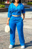 Blue Casual Solid Color Pocket Patchwork Zipper Hooded Long Sleeve Two Pieces