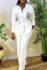 White Casual Solid Color Draw String Pocket Patchwork Turndown Collar Long Sleeve Two Pieces