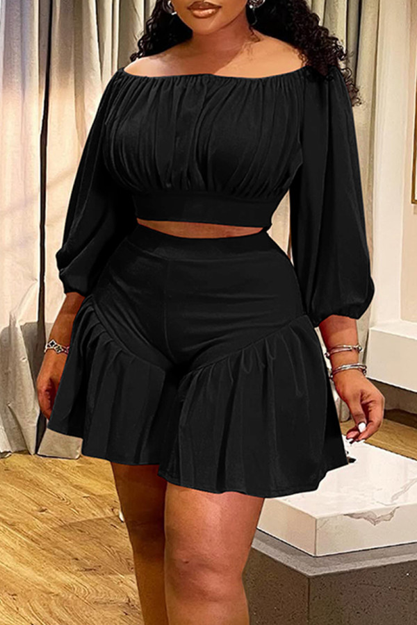 Black Casual Solid Color Patchwork Off Shoulder Plus Size Two Pieces