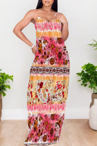 Peach Sexy Geometric Print Contrast V Neck Printed Dresses