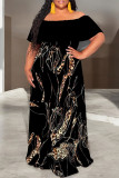 Khaki Sexy Geometric Print Flowers Leopard Ruffle Contrast Off Shoulder Long Dresses