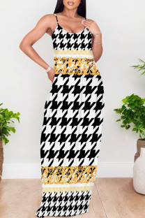 Black Gold Sexy Plaid Floral Print Contrast V Neck Printed Dresses