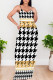 Black Gold Sexy Plaid Floral Print Contrast V Neck Printed Dresses