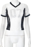 White Casual Letters Lace Hot Drill V Neck T-Shirts