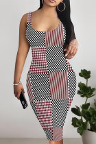 Black Red Sexy Plaid Floral Print Contrast U Neck Printed Dresses