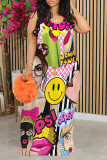 Pink Yellow Street Graffiti Print Contrast O Neck Printed Dresses