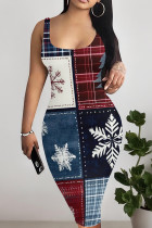 Red Blue Casual Print Patchwork U Neck Wrapped Skirt Dresses