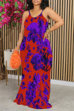Purplish Blue Sexy Floral Print Contrast O Neck Printed Dresses