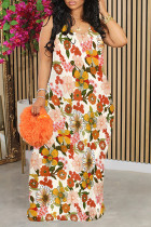 Orange Red Sexy Floral Print Contrast O Neck Printed Dresses