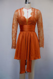 Tangerine Elegant Solid Color Lace Patchwork Ruched V Neck A Line Dresses