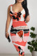 Red Sexy Leopard Print Flowers Leopard Leaves Contrast U Neck Printed Dresses