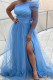 Baby Blue Elegant Solid Color High Slit Mesh Oblique Collar Long Plus Size Dresses