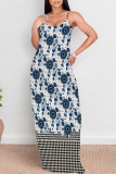 Green Sexy Plaid Floral Print Contrast V Neck Printed Dresses