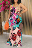 Pink Yellow Street Graffiti Print Contrast O Neck Printed Dresses