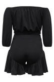 Black Casual Solid Color Patchwork Off Shoulder Plus Size Two Pieces