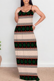 Green Yellow Sexy Geometric Print Contrast V Neck Printed Dresses