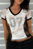 White Casual Letters Lace Hot Drill V Neck T-Shirts