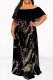 Black Sexy Geometric Print Flowers Leopard Ruffle Contrast Off Shoulder Long Dresses