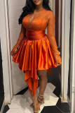 Tangerine Elegant Solid Color Lace Patchwork Ruched V Neck A Line Dresses