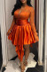 Tangerine Elegant Solid Color Lace Patchwork Ruched V Neck A Line Dresses