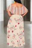 Blue Casual Floral Print Stripe Ruffle Contrast Off Shoulder Long Dresses