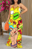 Pink Yellow Street Graffiti Print Contrast O Neck Printed Dresses