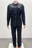 White Casual Solid Color Draw String Pocket Patchwork Turndown Collar Long Sleeve Two Pieces