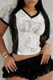 White Casual Letters Lace Hot Drill V Neck T-Shirts
