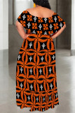 Blue Casual Floral Print Stripe Ruffle Contrast Off Shoulder Long Dresses