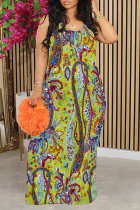 Green Yellow Sexy Floral Print Contrast O Neck Printed Dresses
