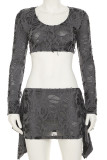 Grey Casual Solid Color Ripped Patchwork O Neck Long Sleeve Two Pieces