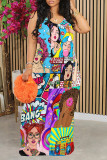 Pink Yellow Street Graffiti Print Contrast O Neck Printed Dresses