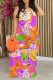 Orange Purple Sexy Floral Print Contrast O Neck Printed Dresses