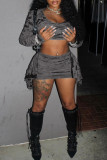 Grey Casual Solid Color Ripped Patchwork O Neck Long Sleeve Two Pieces