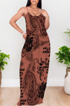Red-brown Sexy Plaid Floral Print Contrast V Neck Printed Dresses