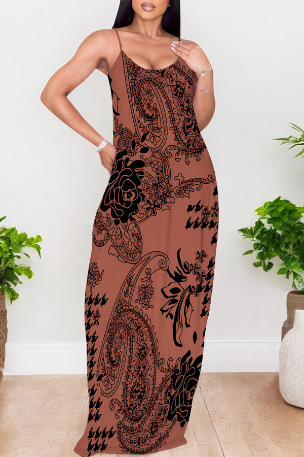 Red-brown Sexy Plaid Floral Print Contrast V Neck Printed Dresses