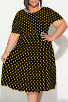 Black Casual Floral Print Polka Dot Stripe Ruffle Contrast O Neck Printed Plus Size Dresses