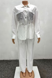 White Casual Solid Color Draw String Pocket Patchwork Turndown Collar Long Sleeve Two Pieces