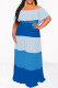 Blue Casual Floral Print Stripe Ruffle Contrast Off Shoulder Long Dresses