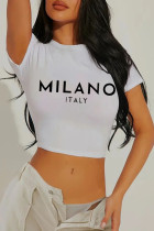 White Casual Letters Patchwork O Neck T-Shirts