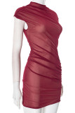 Red Casual Solid Color Patchwork Ruched O Neck Dresses