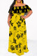 Black Yellow Sexy Geometric Print Flowers Leopard Ruffle Contrast Off Shoulder Long Dresses