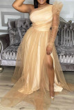 Green Elegant Solid Color High Slit Mesh Oblique Collar Long Plus Size Dresses
