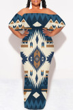 White Street National Totem Print Ruffle Contrast Off Shoulder Long Dresses