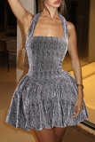 Silver Casual Solid Color Backless Strap Design Halter A Line Dresses